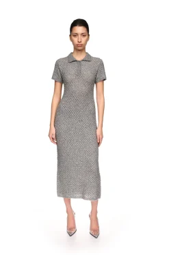 CRYSTAL EMBELLISHED POLO KNIT MIDI DRESS