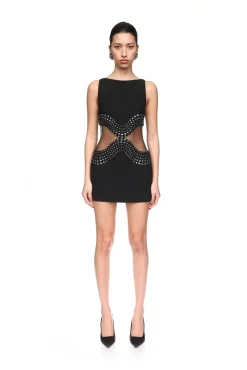 CRYSTAL EMBROIDERED AND TULLE INSERT MINI DRESS