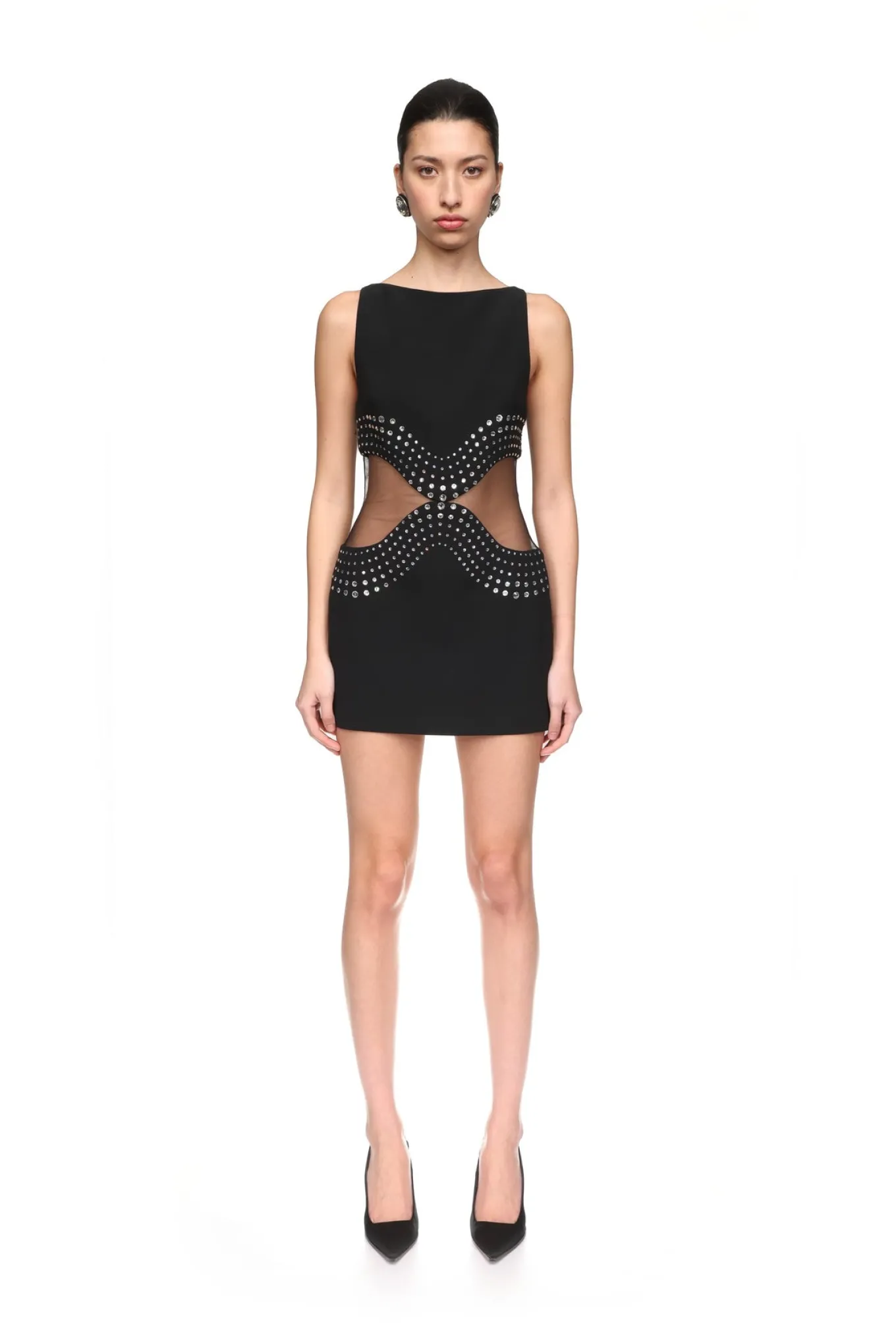 CRYSTAL EMBROIDERED AND TULLE INSERT MINI DRESS