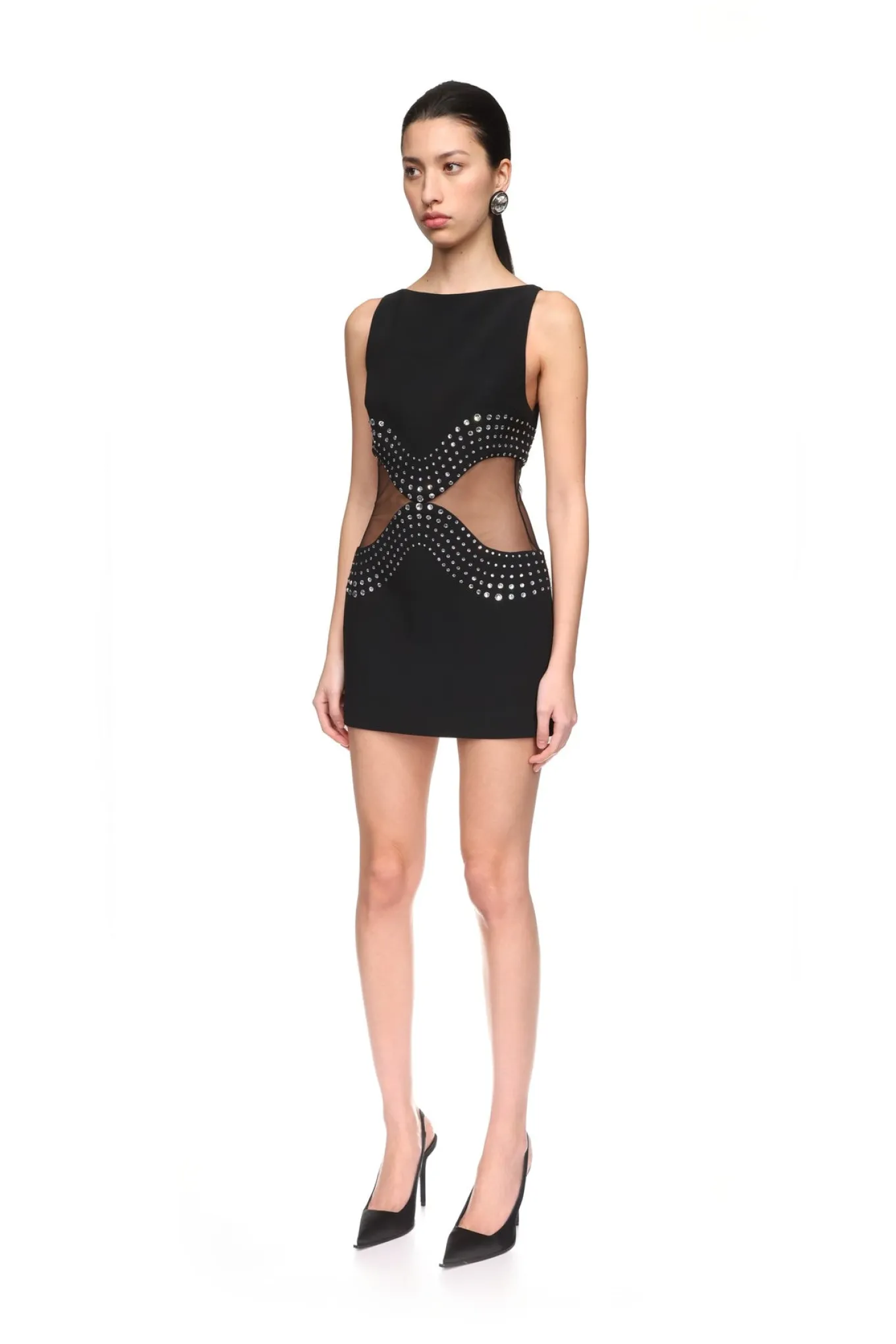 CRYSTAL EMBROIDERED AND TULLE INSERT MINI DRESS