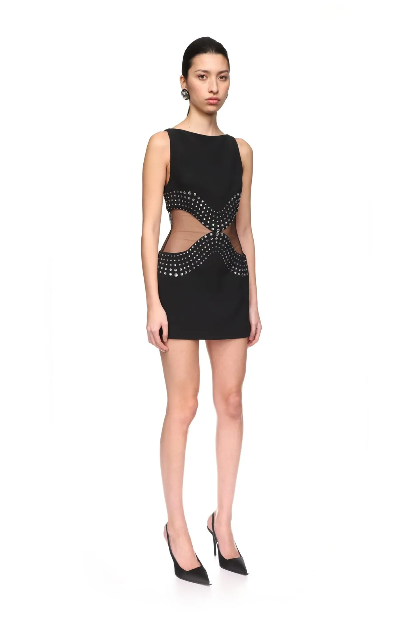 CRYSTAL EMBROIDERED AND TULLE INSERT MINI DRESS