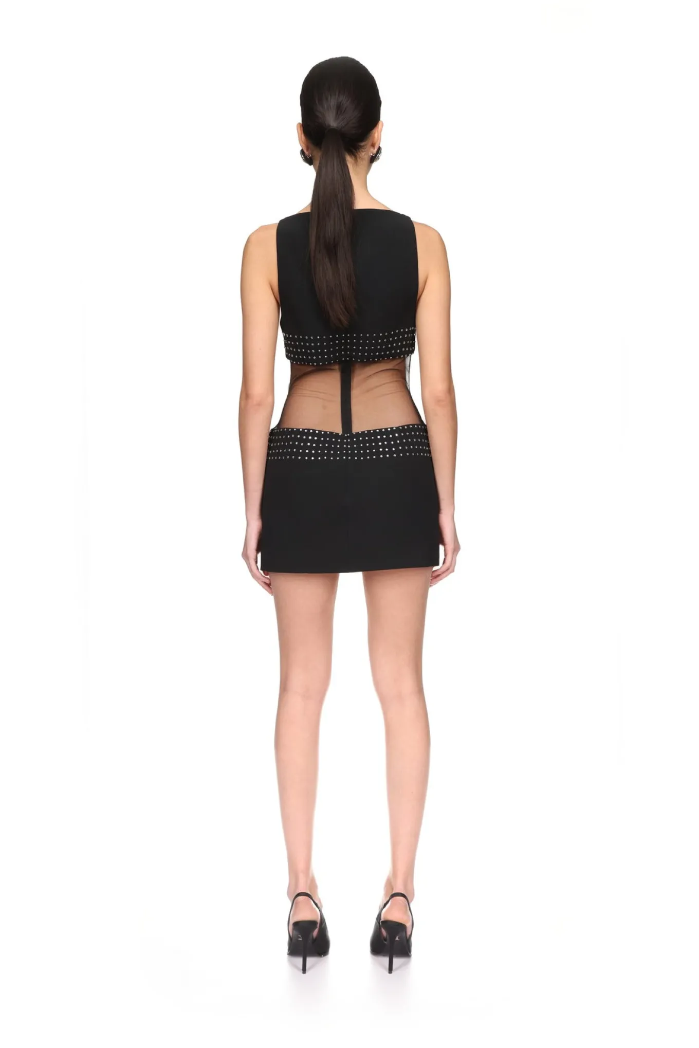CRYSTAL EMBROIDERED AND TULLE INSERT MINI DRESS