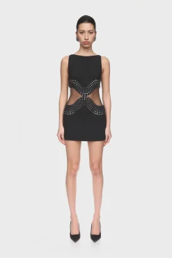 CRYSTAL EMBROIDERED AND TULLE INSERT MINI DRESS