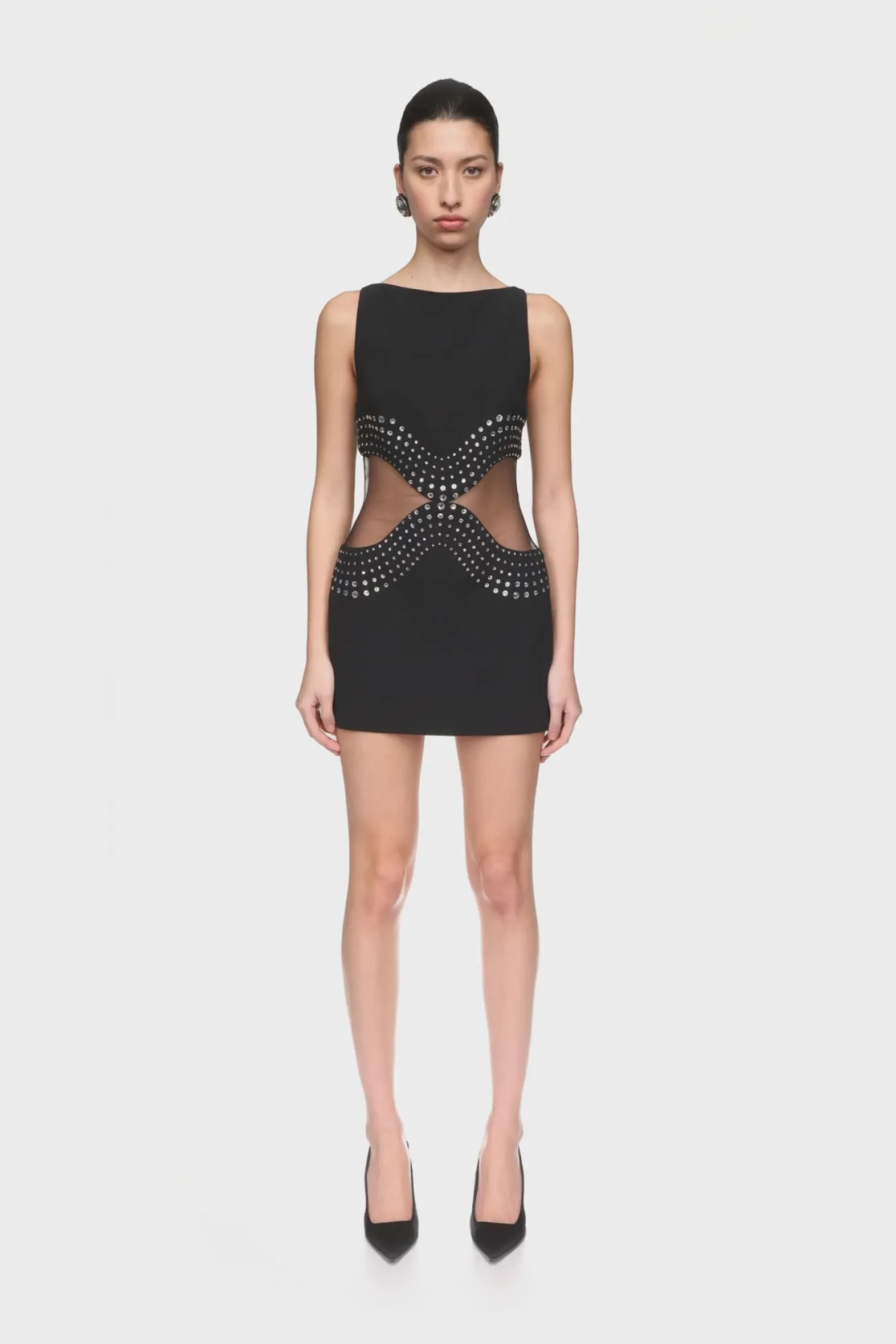 CRYSTAL EMBROIDERED AND TULLE INSERT MINI DRESS
