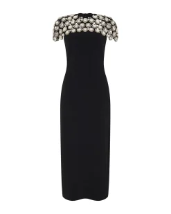 CRYSTAL EMBROIDERED CAP SLEEVE MIDI DRESS