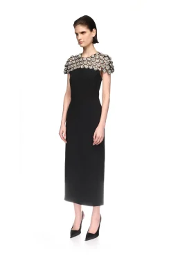 CRYSTAL EMBROIDERED CAP SLEEVE MIDI DRESS