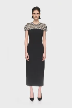 CRYSTAL EMBROIDERED CAP SLEEVE MIDI DRESS