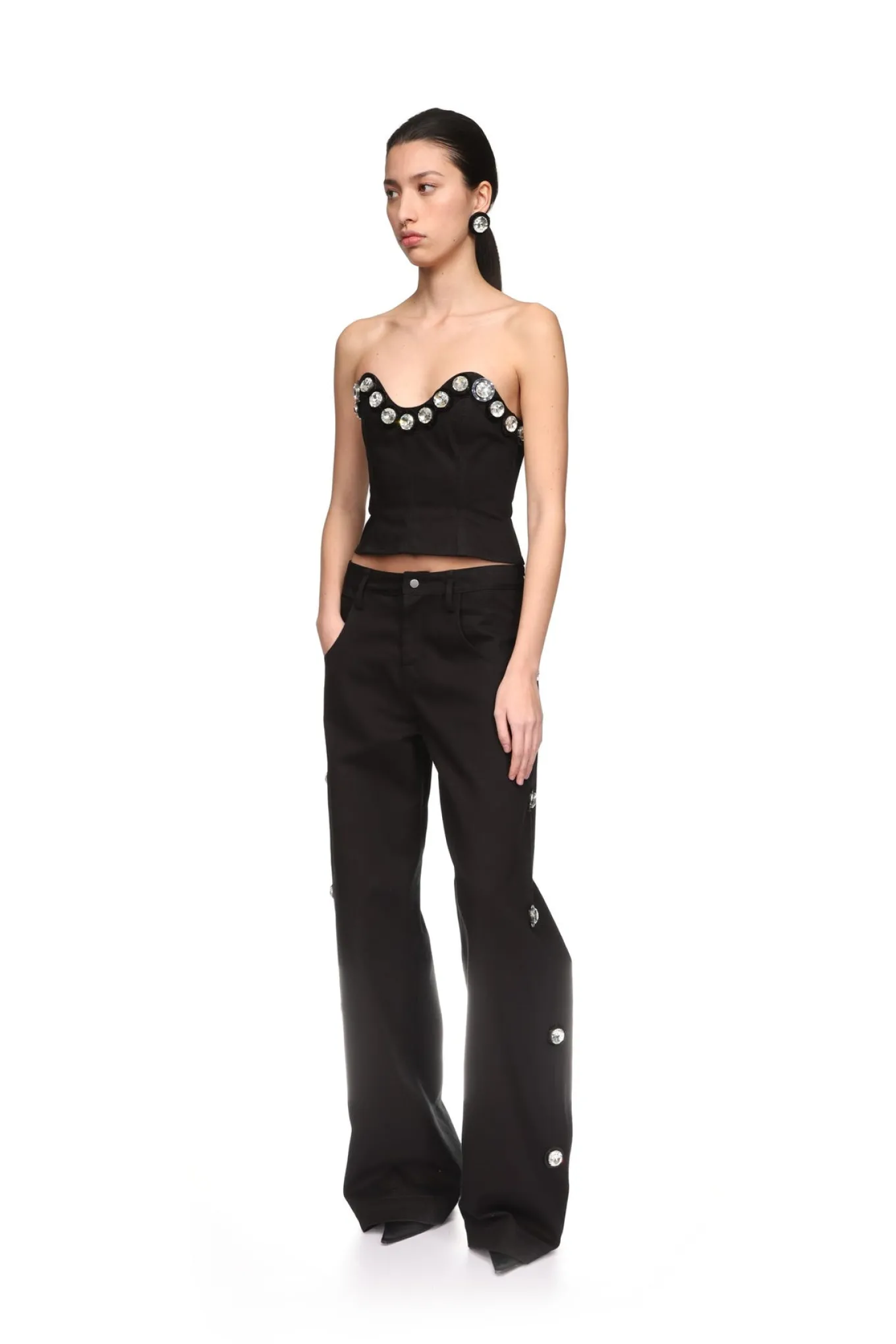 CRYSTAL EMBROIDERED DENIM CORSET TOP