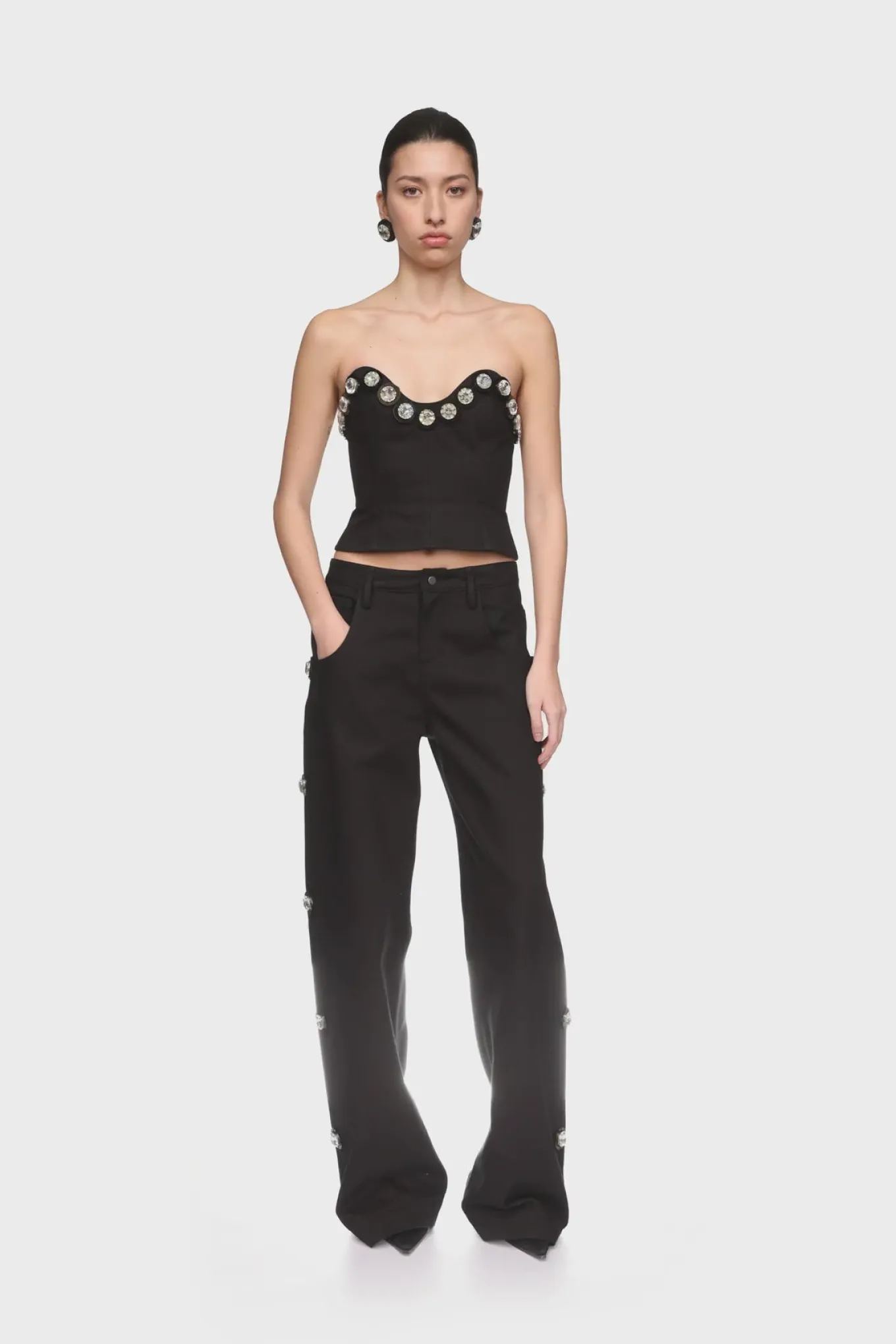 CRYSTAL EMBROIDERED DENIM CORSET TOP