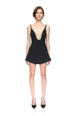 CRYSTAL EMBROIDERED NECKLINE MINI DRESS