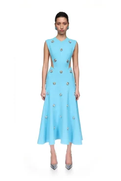 CRYSTAL EMBROIDERED NEOPRENE MIDI DRESS