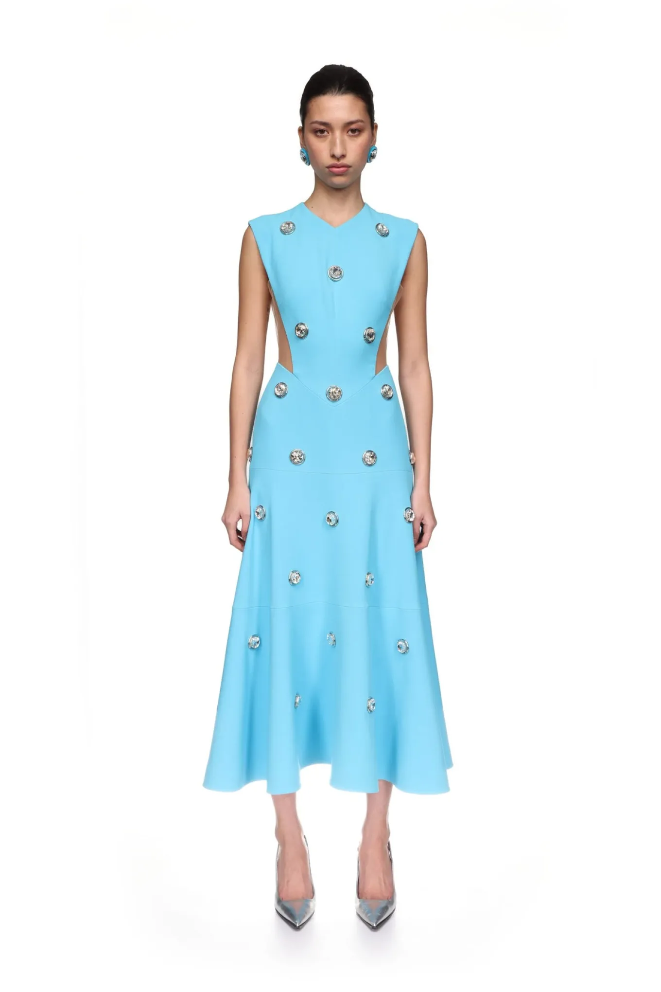 CRYSTAL EMBROIDERED NEOPRENE MIDI DRESS