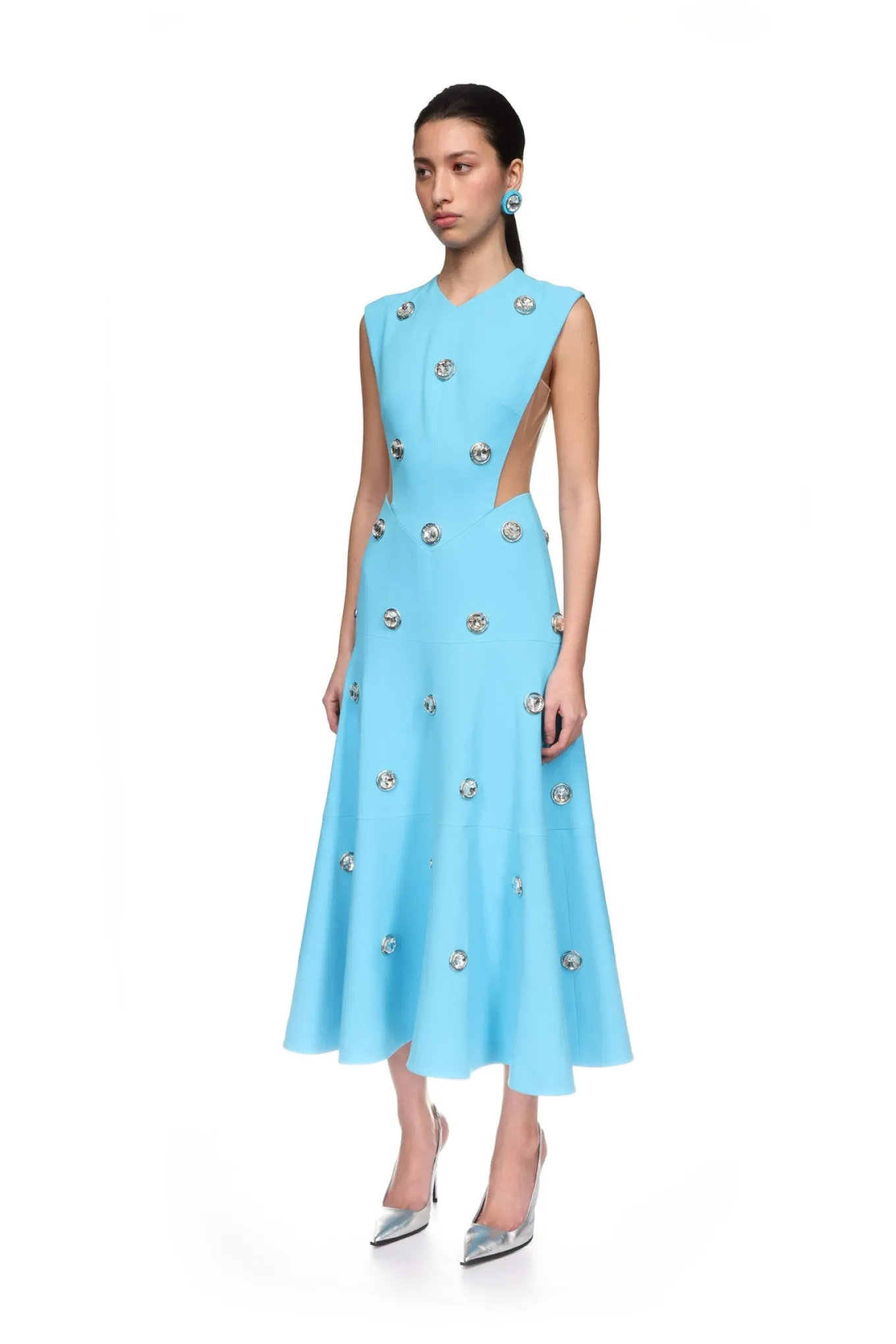 CRYSTAL EMBROIDERED NEOPRENE MIDI DRESS