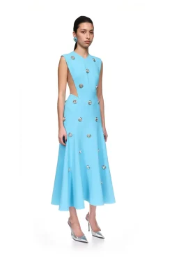 CRYSTAL EMBROIDERED NEOPRENE MIDI DRESS
