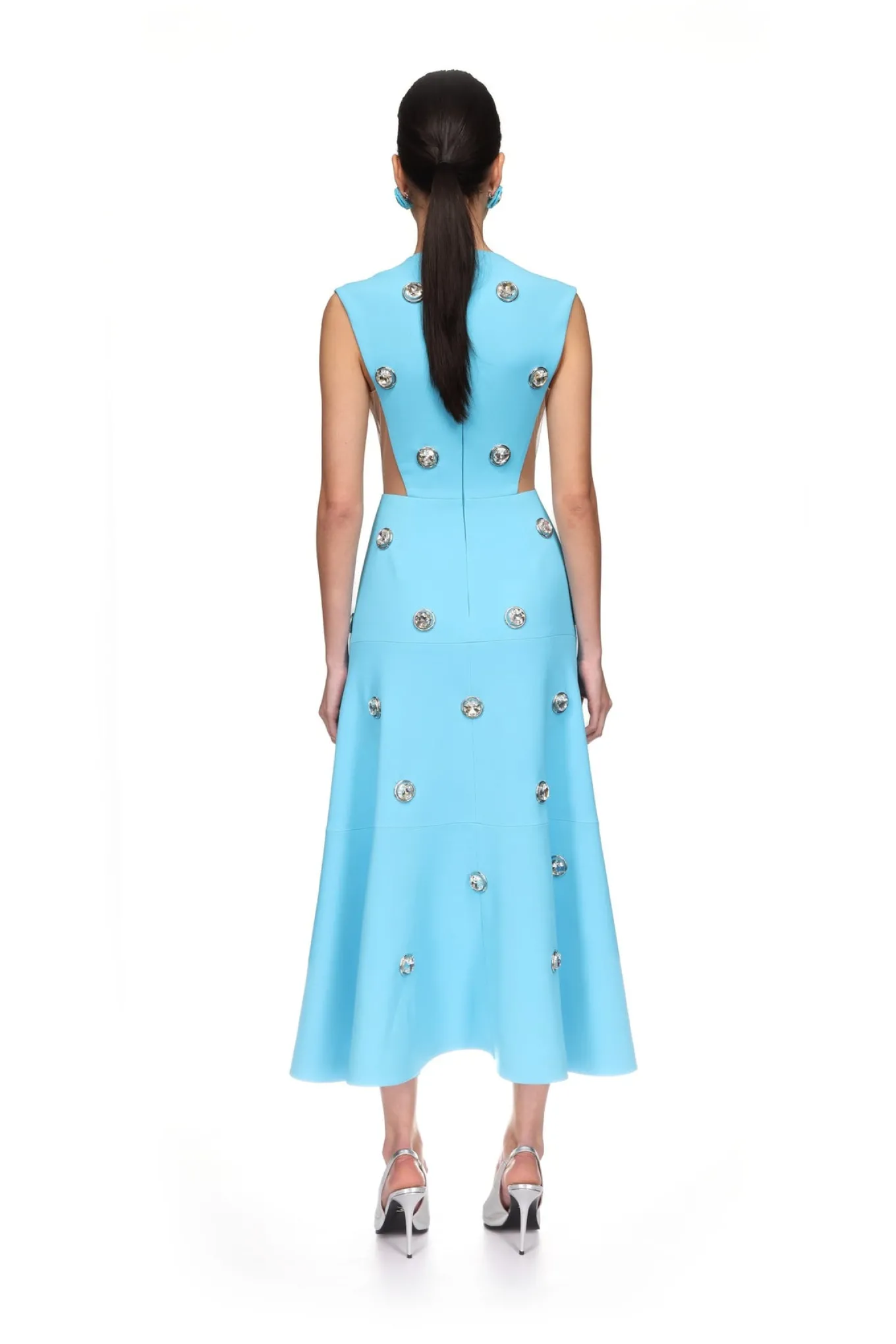 CRYSTAL EMBROIDERED NEOPRENE MIDI DRESS