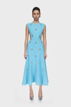 CRYSTAL EMBROIDERED NEOPRENE MIDI DRESS