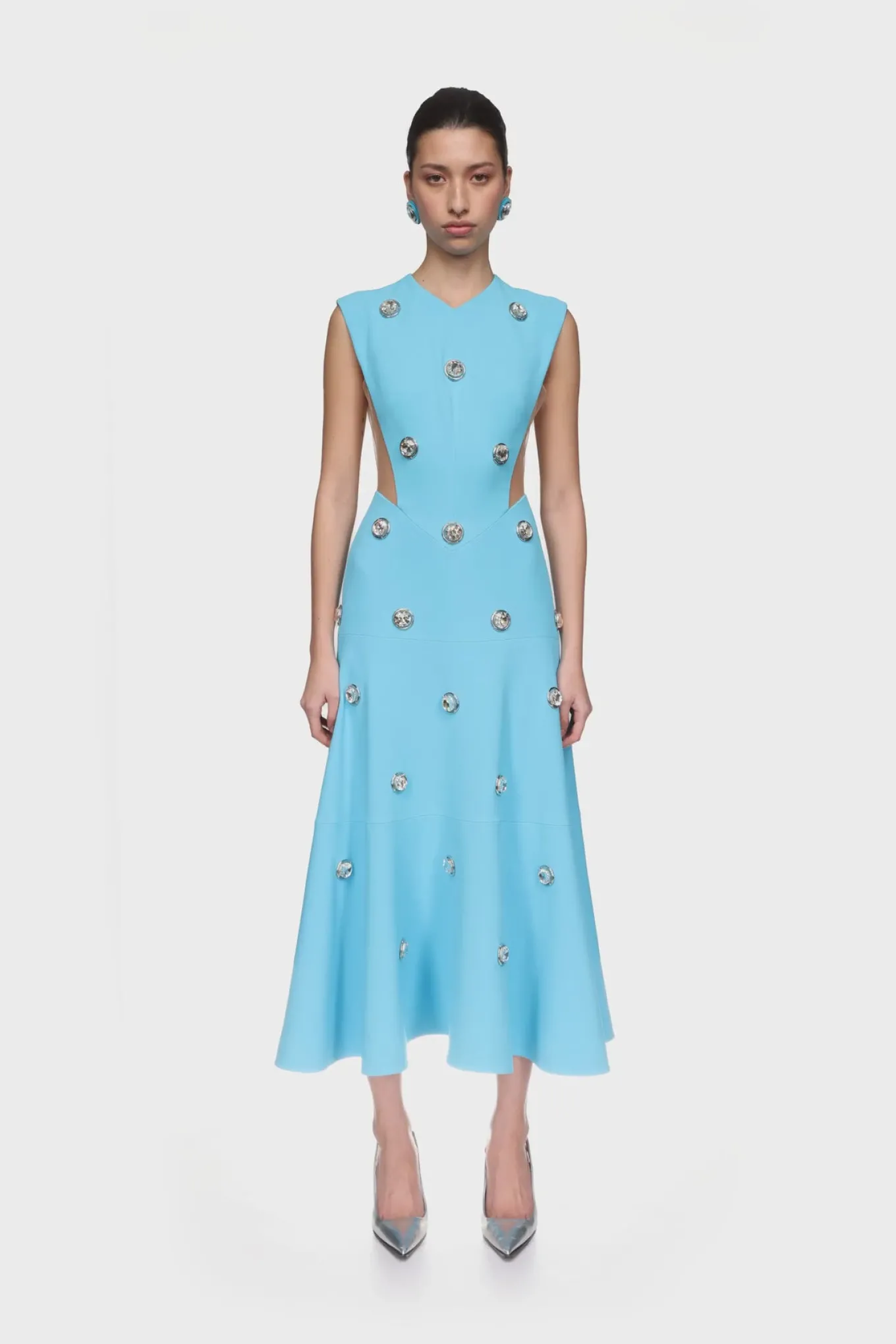 CRYSTAL EMBROIDERED NEOPRENE MIDI DRESS
