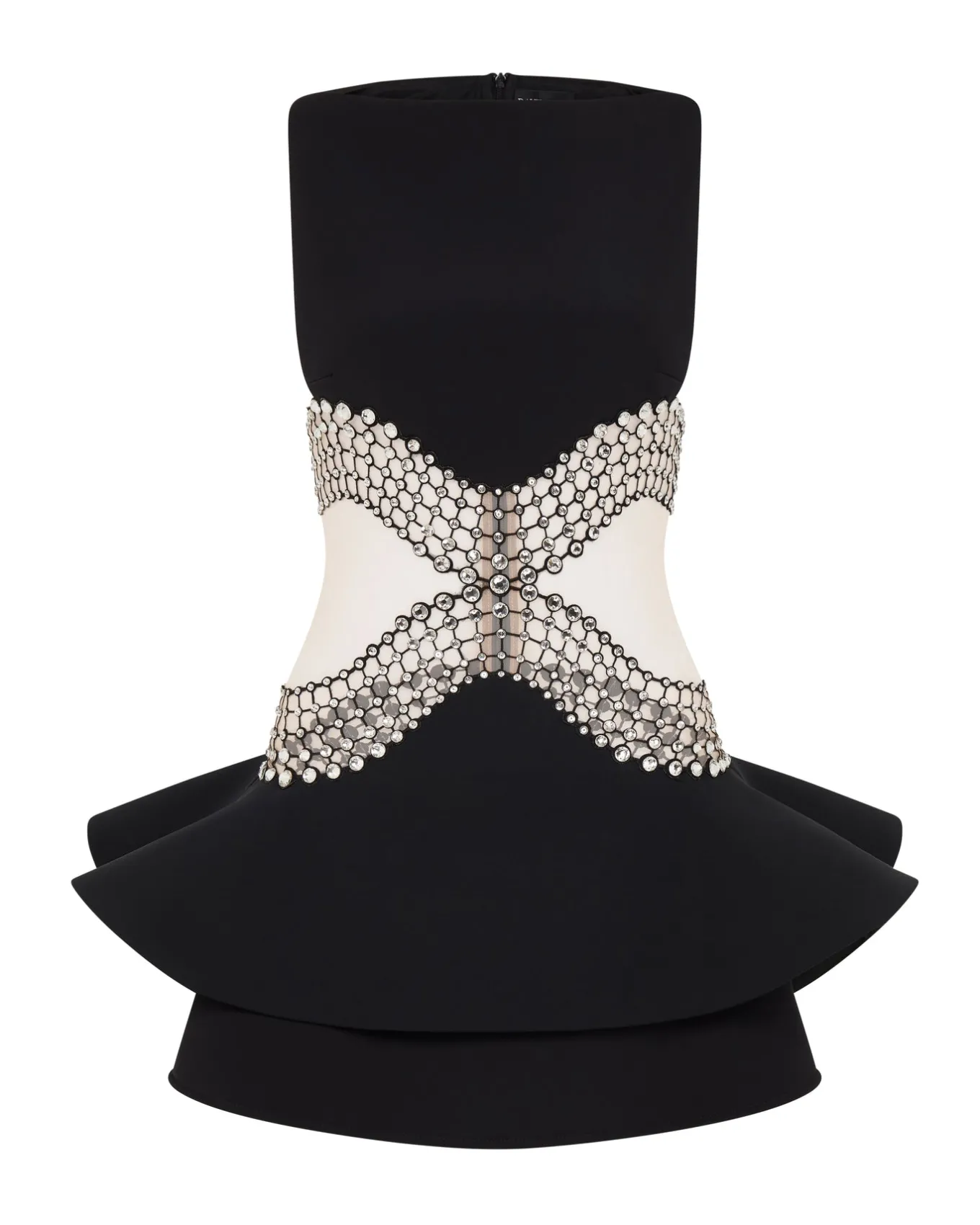 CRYSTAL EMBROIDERED PEPLUM MINI DRESS