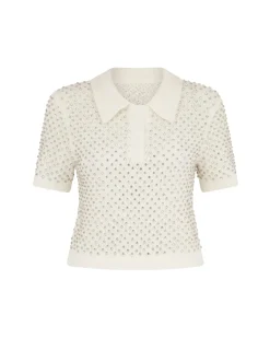 CRYSTAL EMBROIDERED POLO KNIT TOP