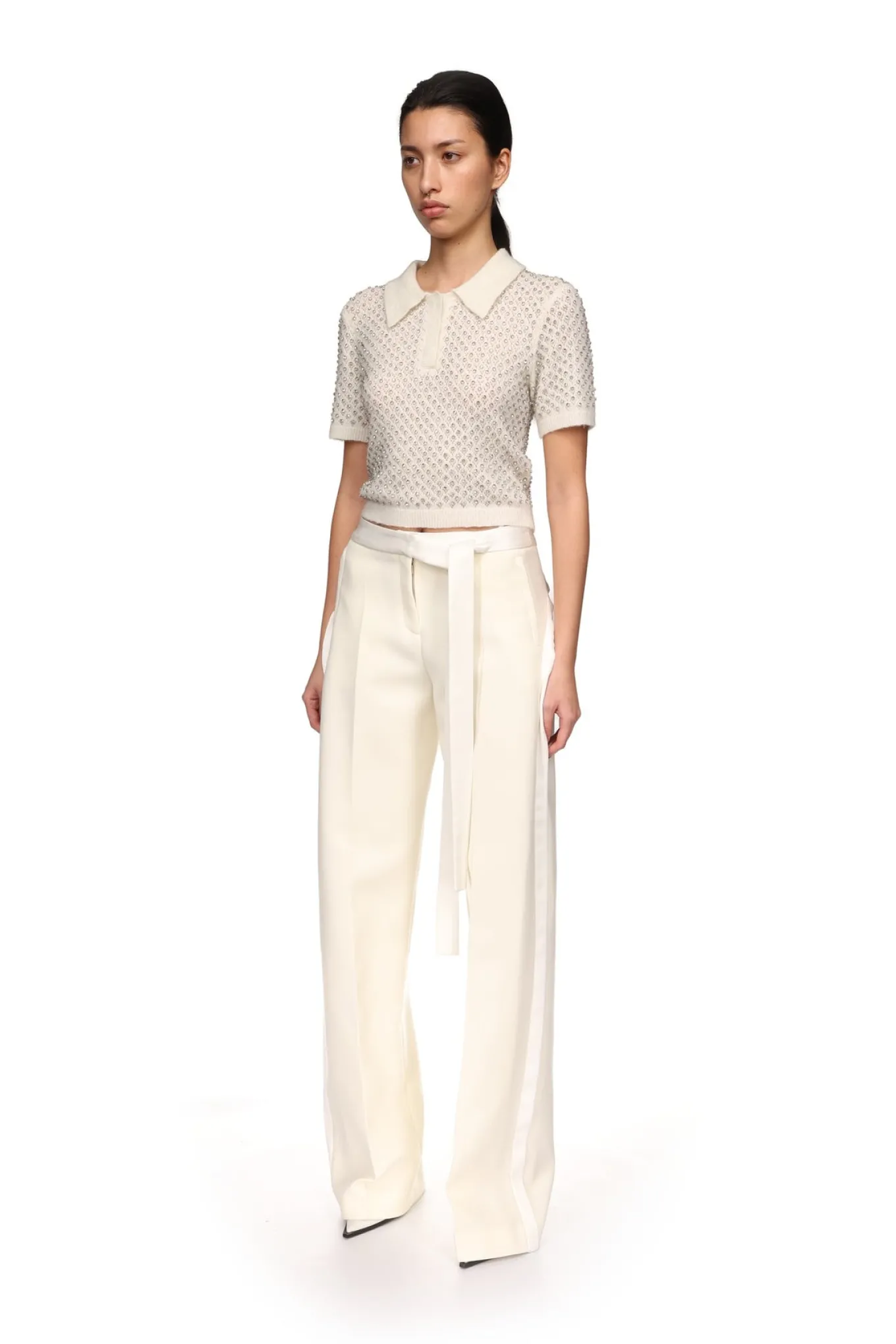 CRYSTAL EMBROIDERED POLO KNIT TOP