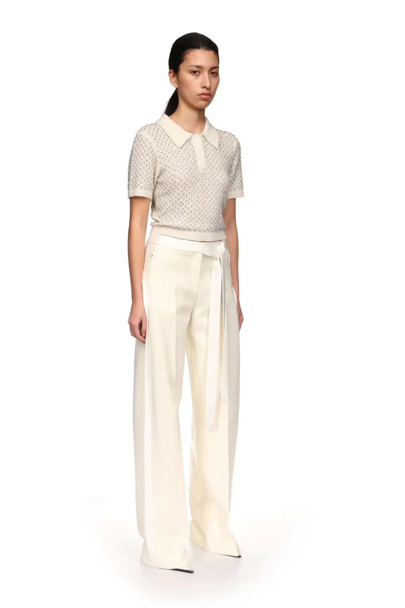 CRYSTAL EMBROIDERED POLO KNIT TOP
