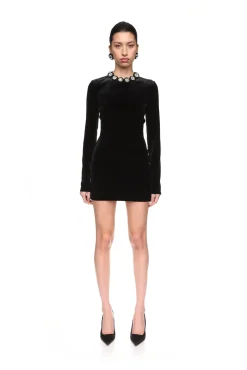 CRYSTAL EMBROIDERED VELVET MINI DRESS