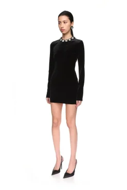 CRYSTAL EMBROIDERED VELVET MINI DRESS