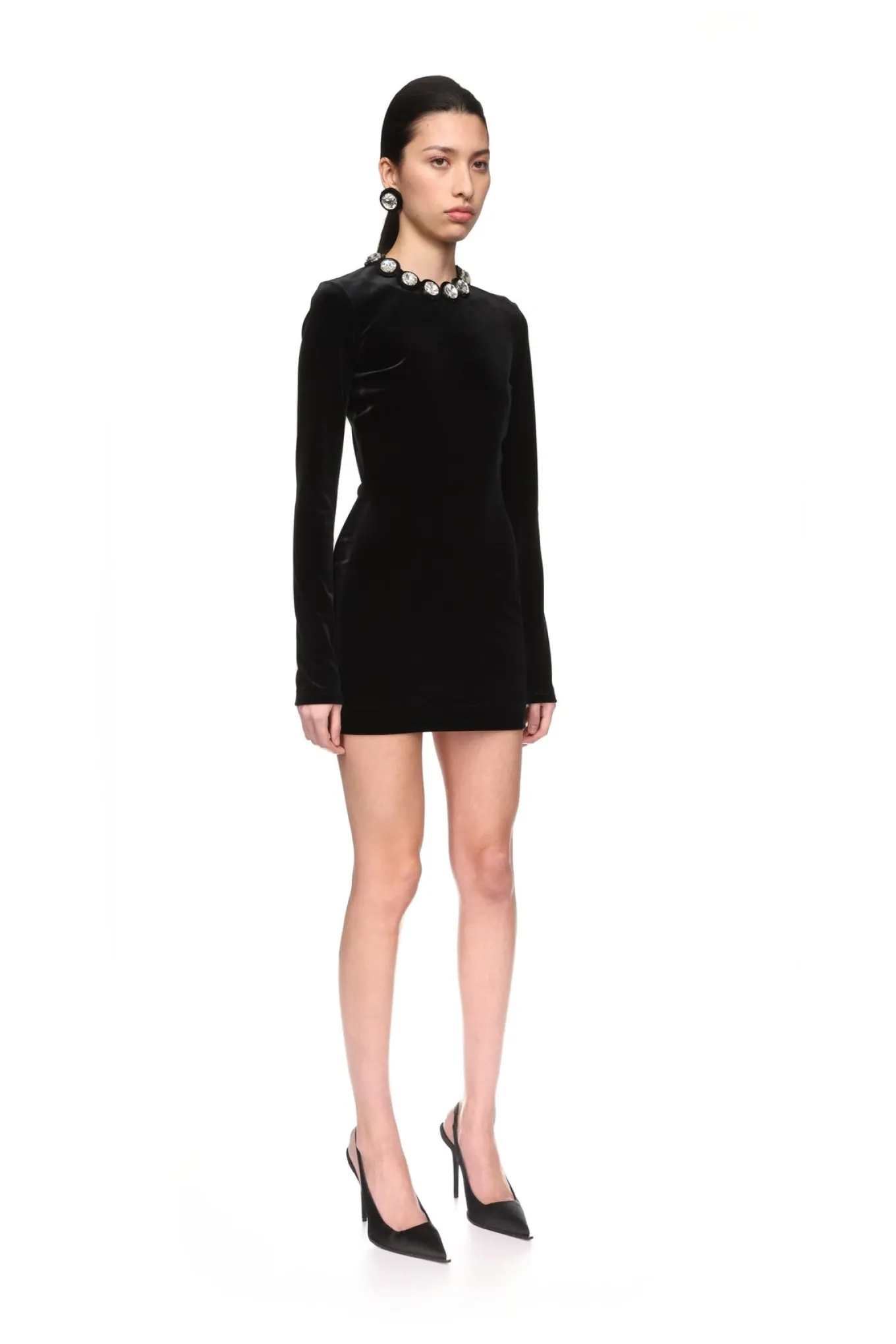 CRYSTAL EMBROIDERED VELVET MINI DRESS