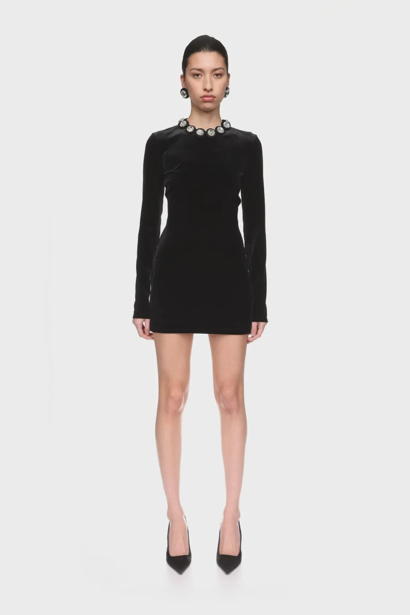 CRYSTAL EMBROIDERED VELVET MINI DRESS
