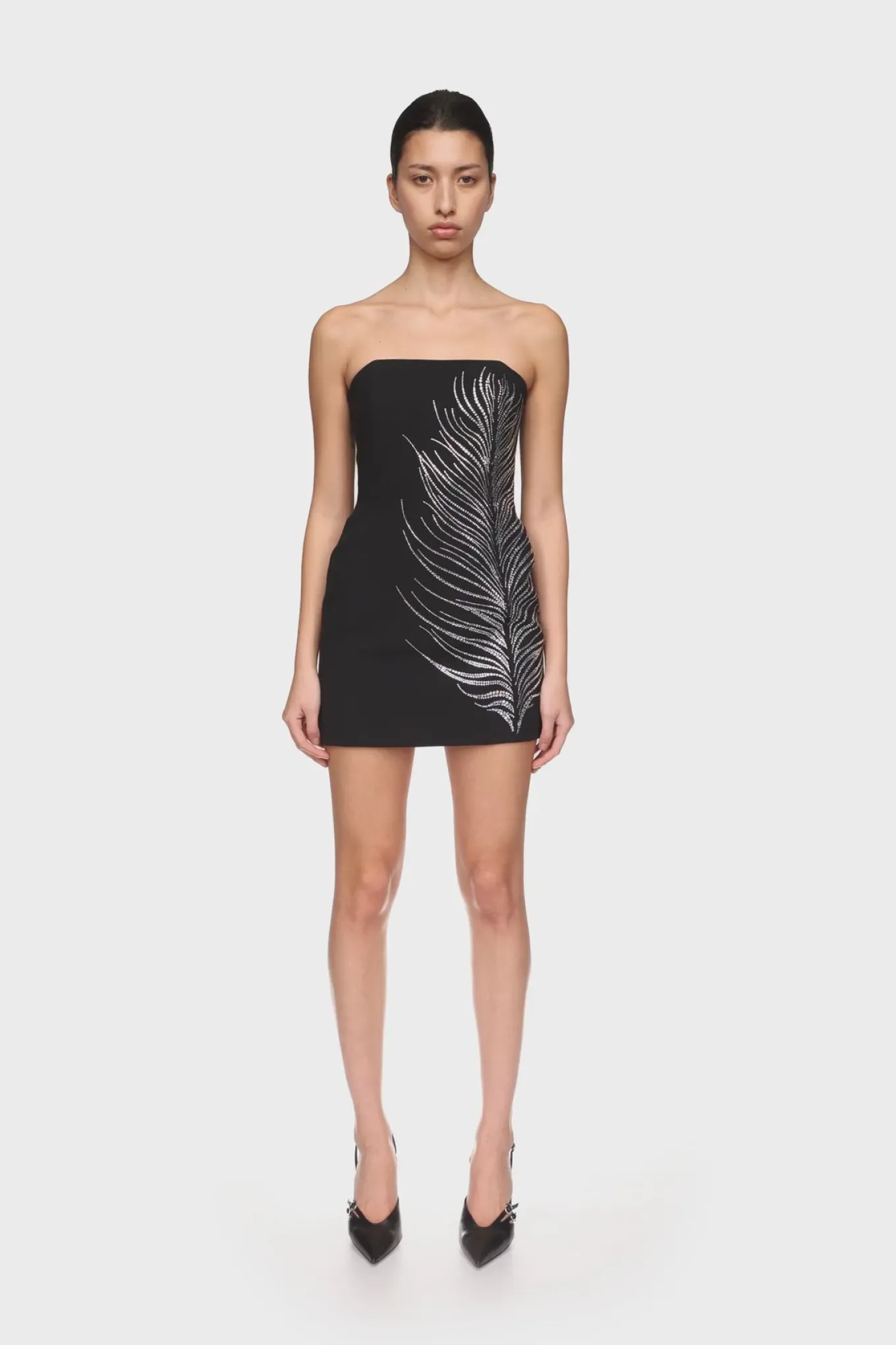 CRYSTAL FEATHER BUSTIER MINI DRESS