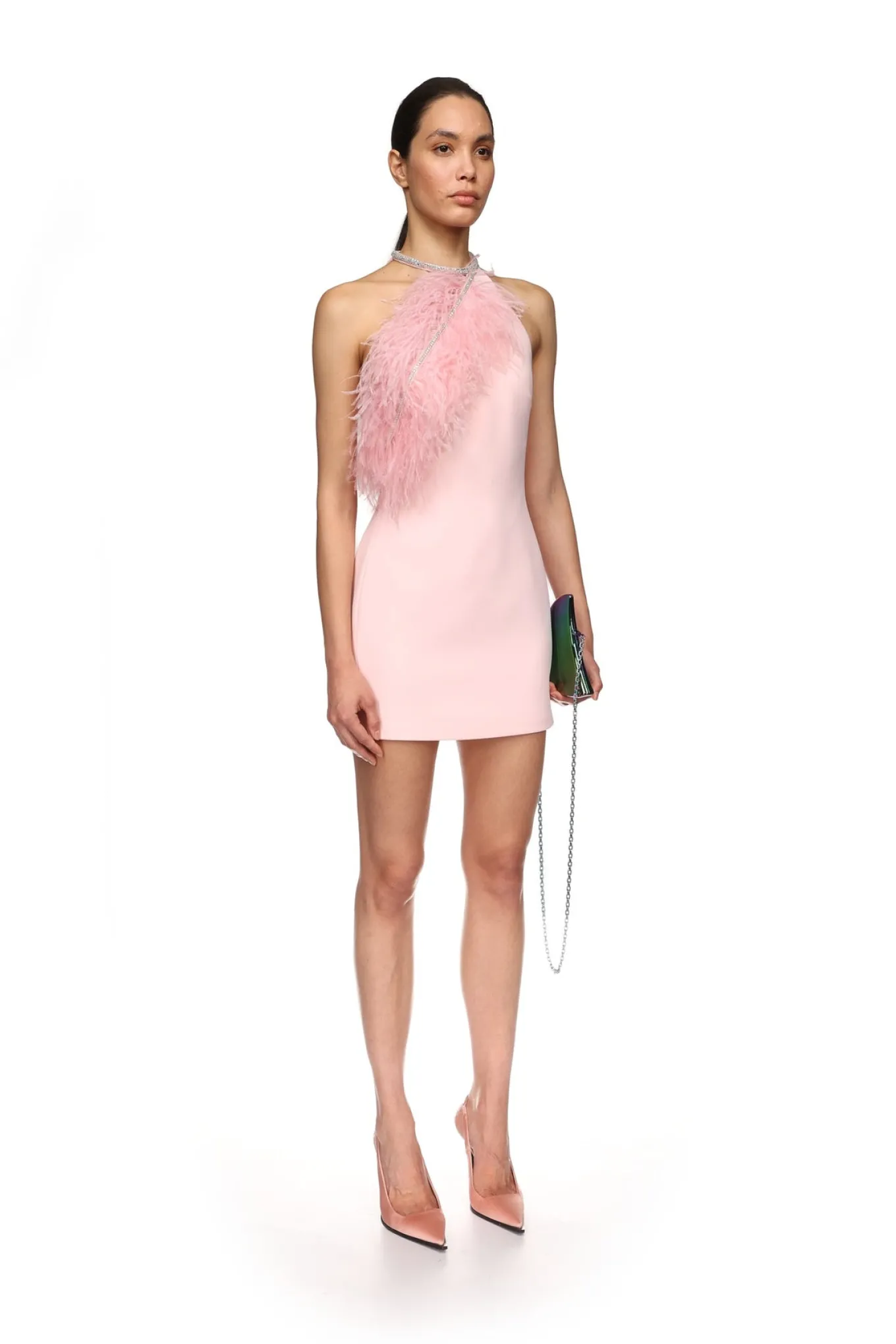 CRYSTAL FEATHER HALTER MINI DRESS