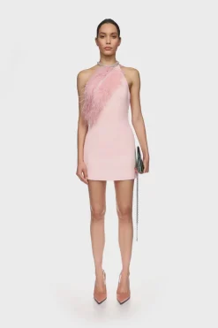 CRYSTAL FEATHER HALTER MINI DRESS