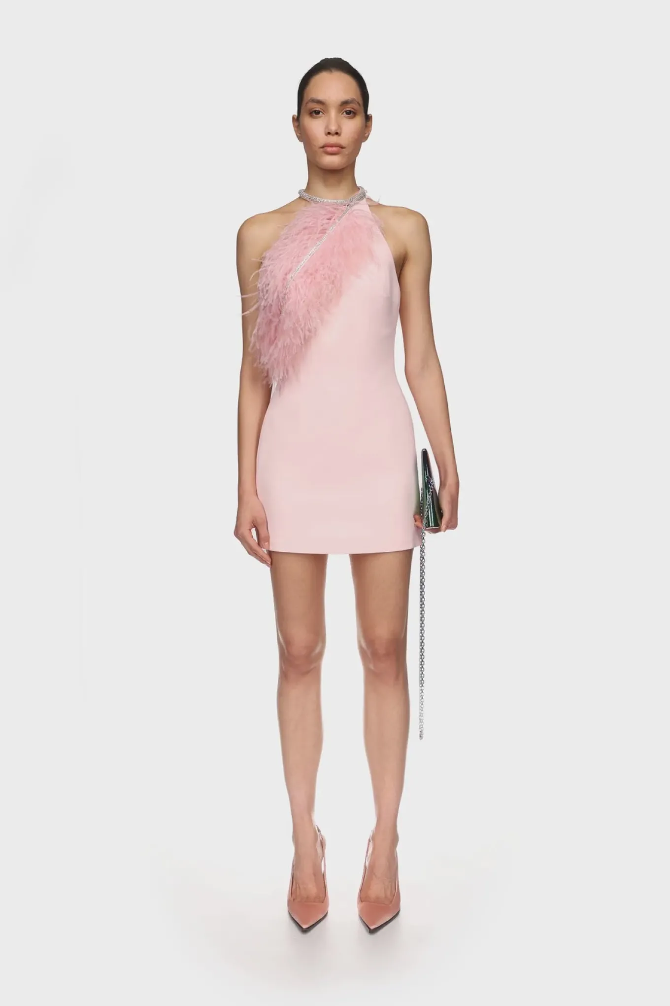 CRYSTAL FEATHER HALTER MINI DRESS