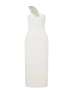 CRYSTAL FEATHER ONE SHOULDER MIDI DRESS