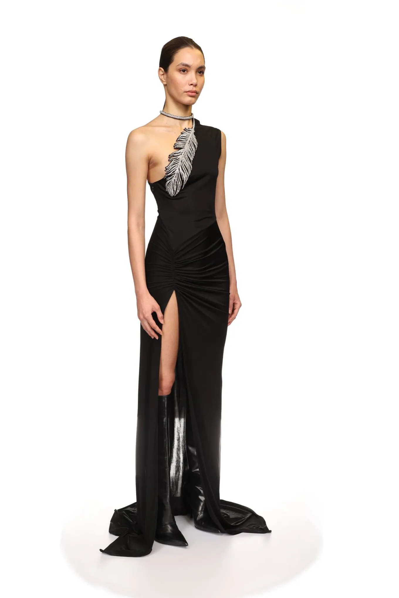 CRYSTAL FEATHER ONE SHOULDER GOWN