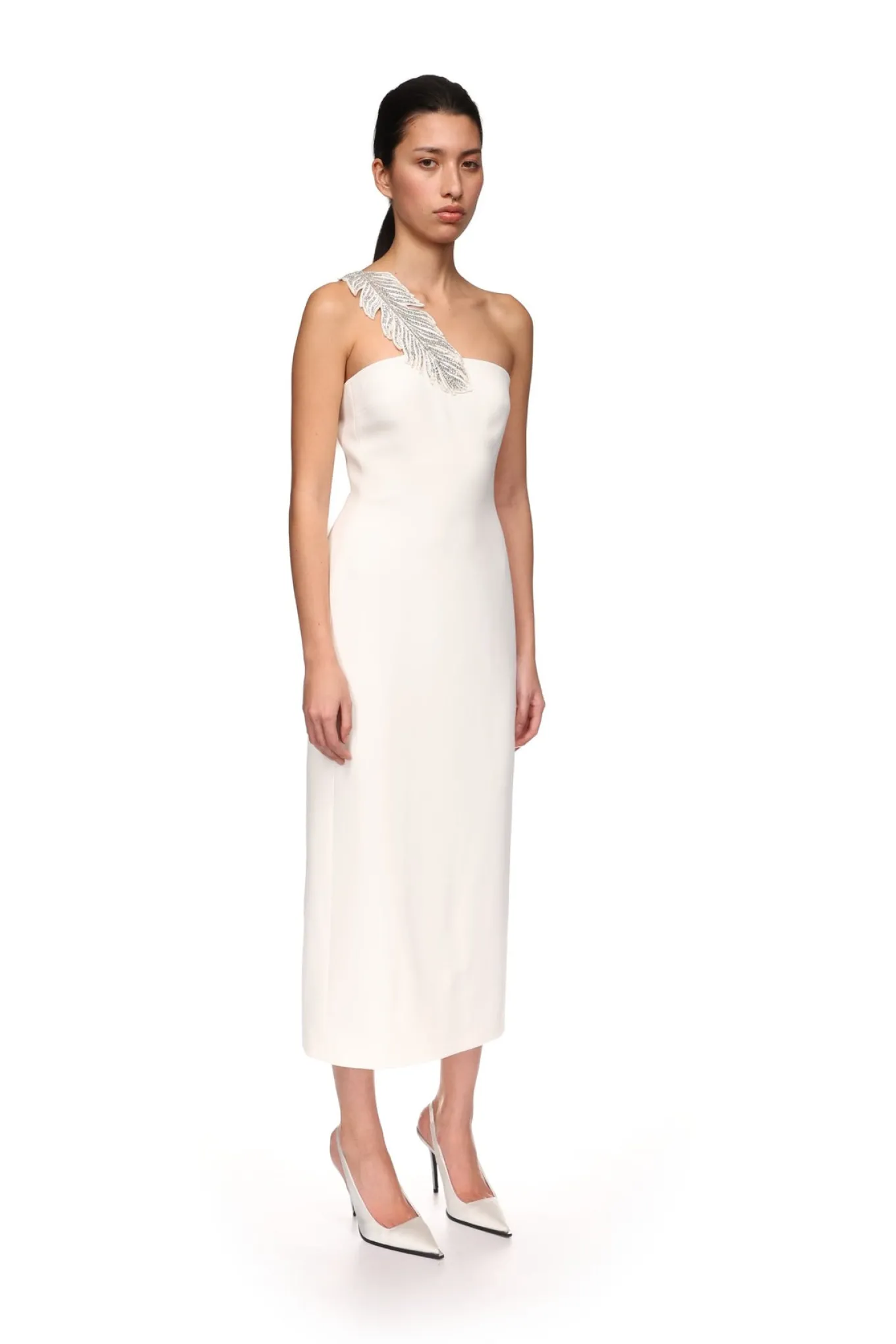 CRYSTAL FEATHER ONE SHOULDER MIDI DRESS