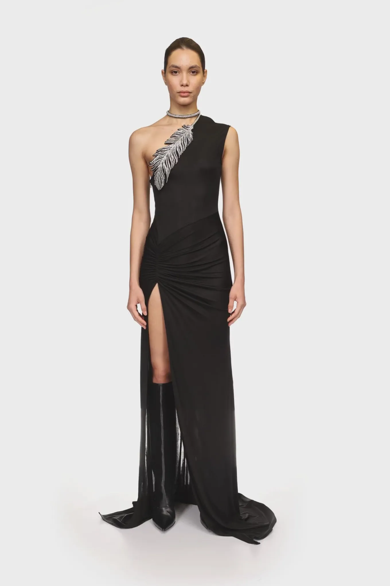 CRYSTAL FEATHER ONE SHOULDER GOWN