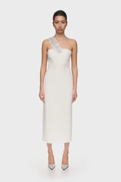 CRYSTAL FEATHER ONE SHOULDER MIDI DRESS