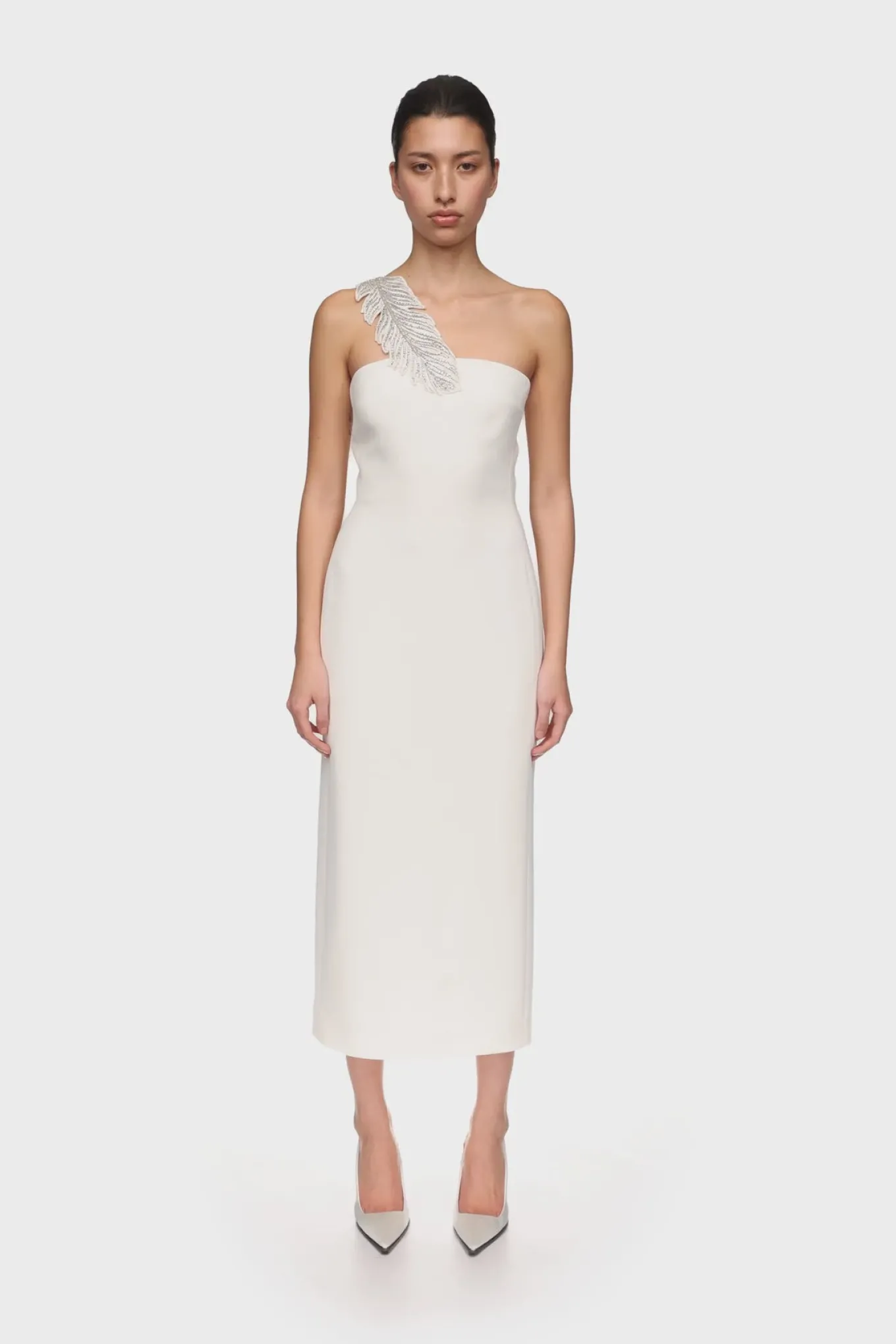 CRYSTAL FEATHER ONE SHOULDER MIDI DRESS