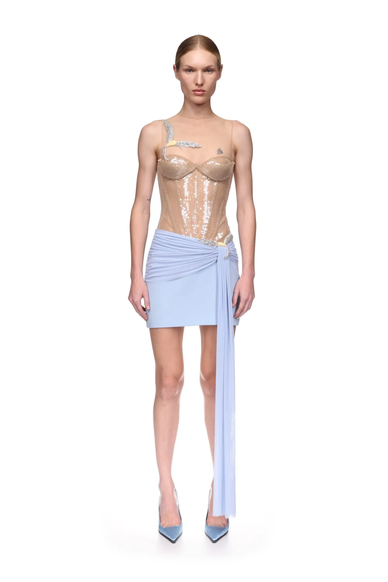 CRYSTAL HUMMINGBIRD AND DRAPE DETAIL MINI SKIRT