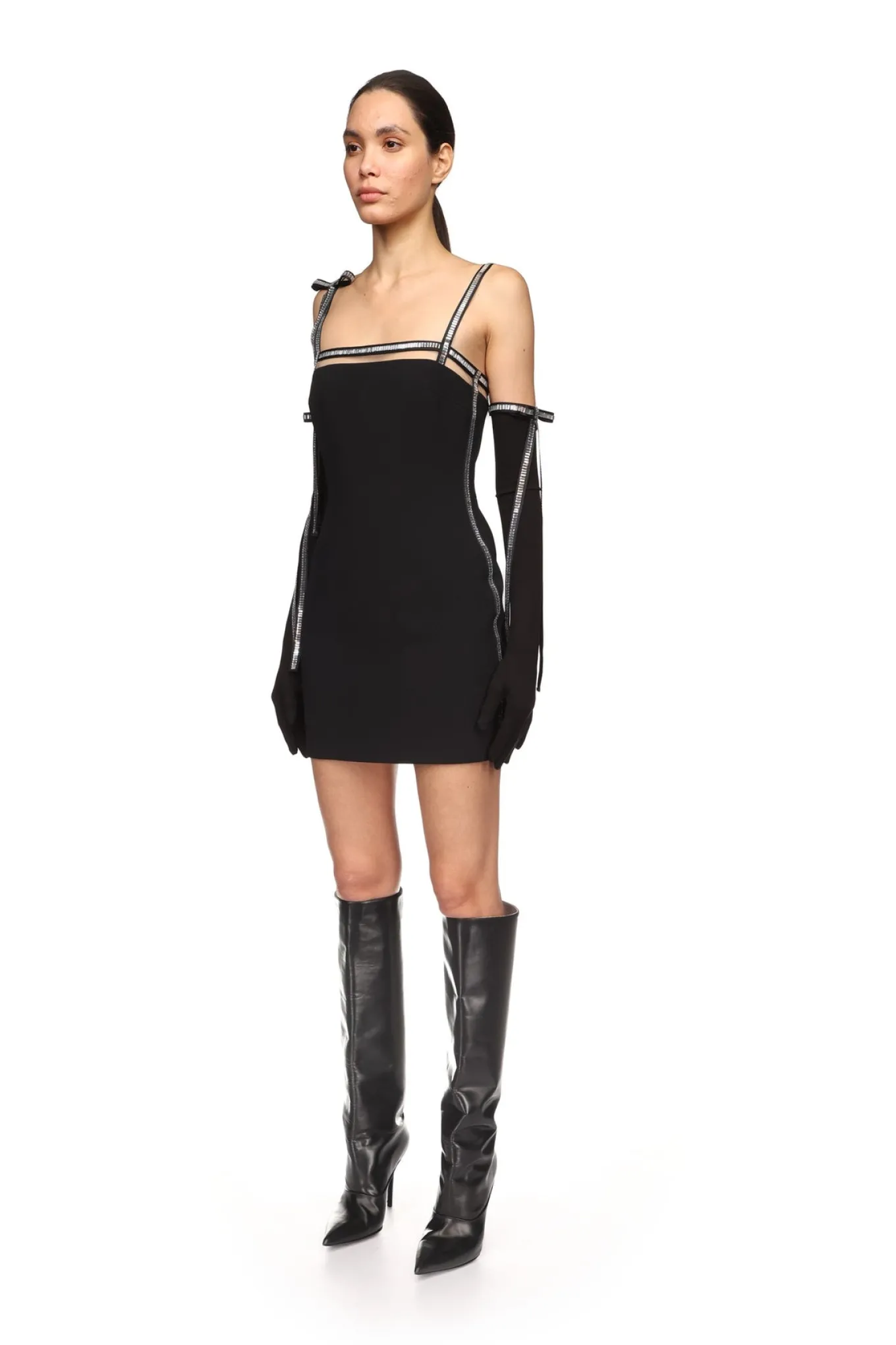 CRYSTAL TRIM AND BOW STRAP DRESS