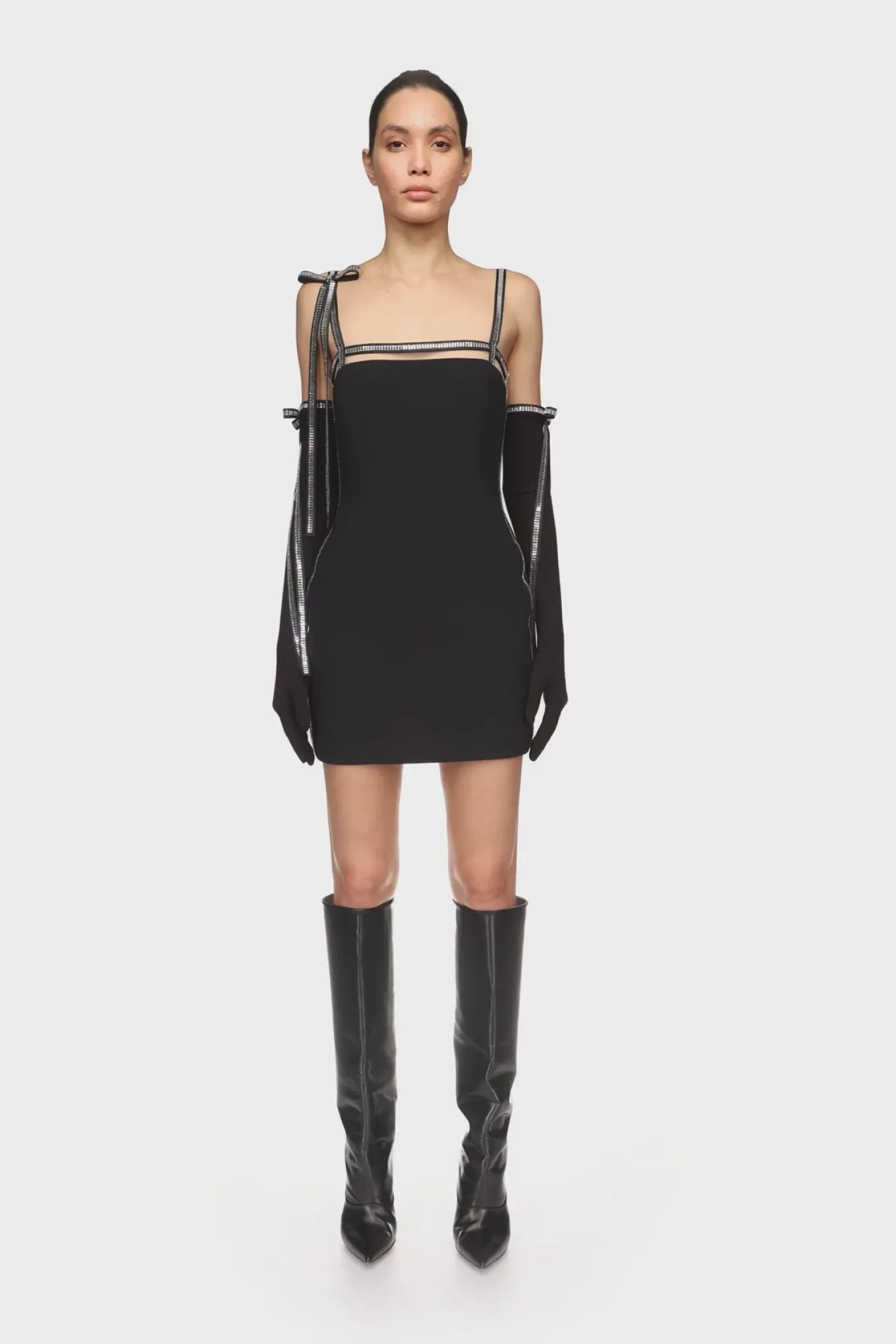 CRYSTAL TRIM AND BOW STRAP DRESS