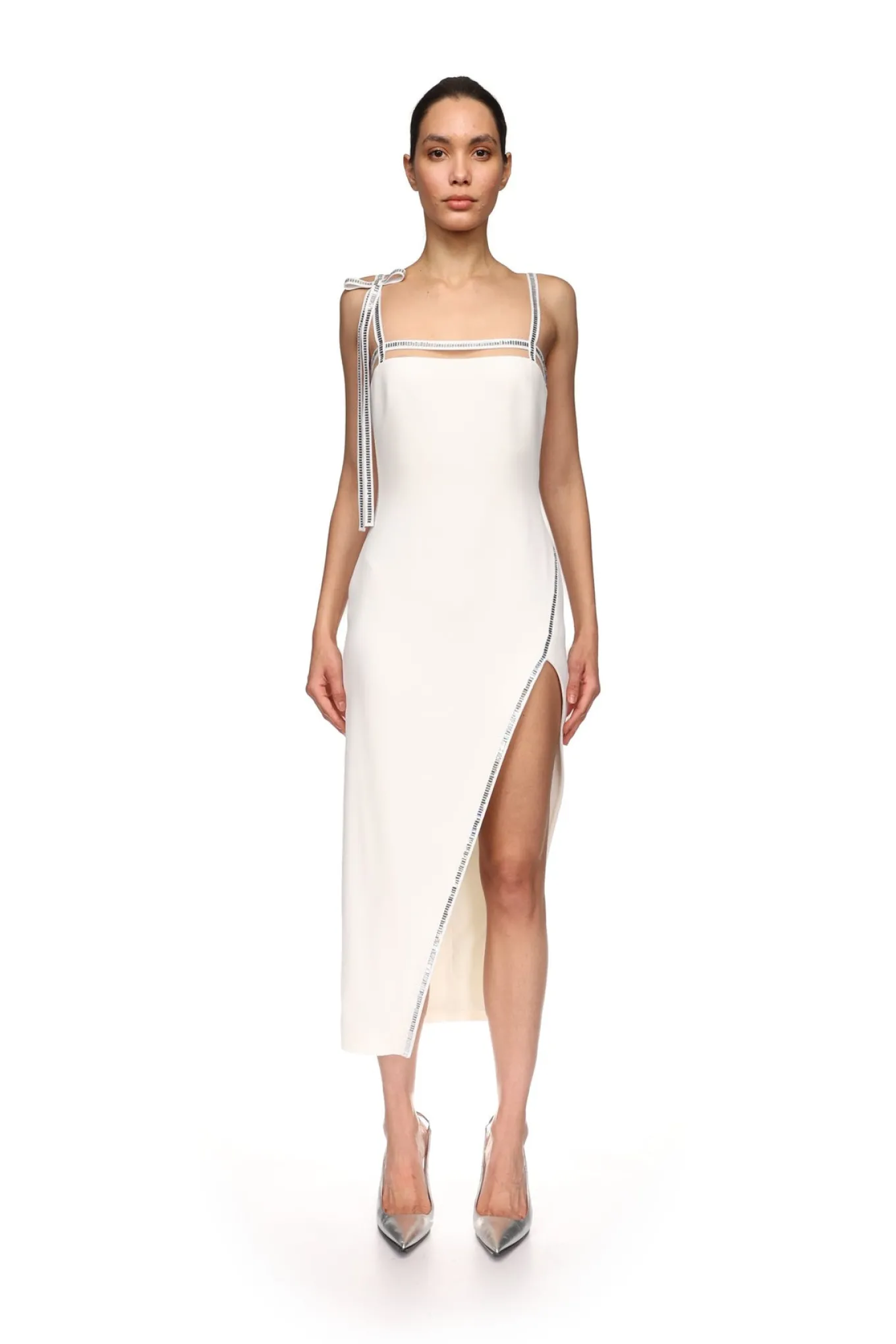 CRYSTAL TRIM OPEN LEG MIDI DRESS