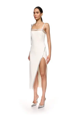 CRYSTAL TRIM OPEN LEG MIDI DRESS