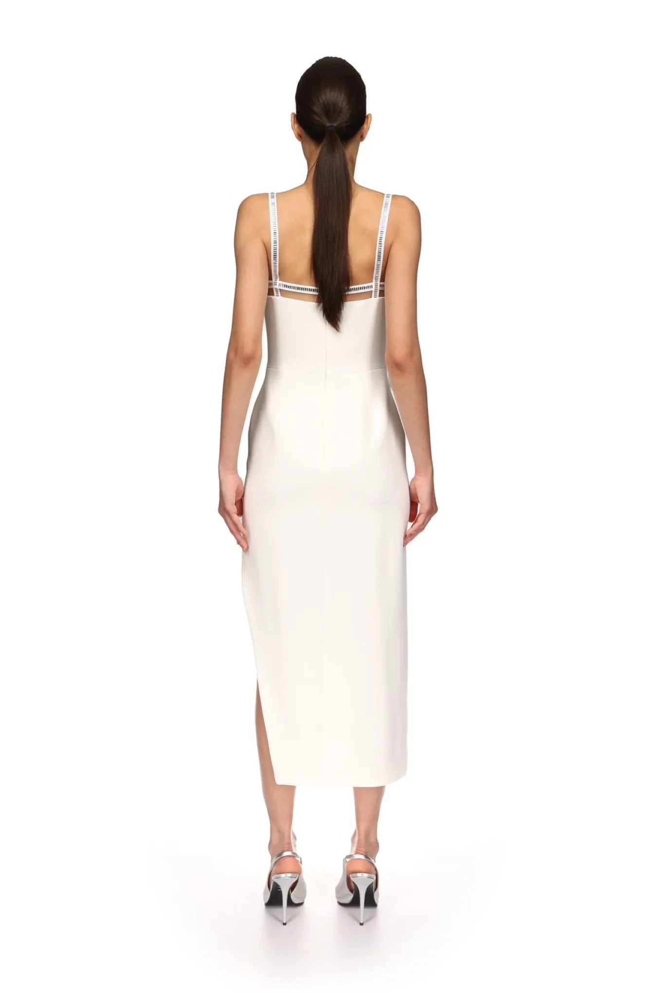 CRYSTAL TRIM OPEN LEG MIDI DRESS