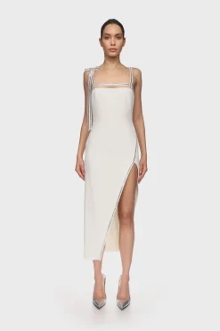 CRYSTAL TRIM OPEN LEG MIDI DRESS