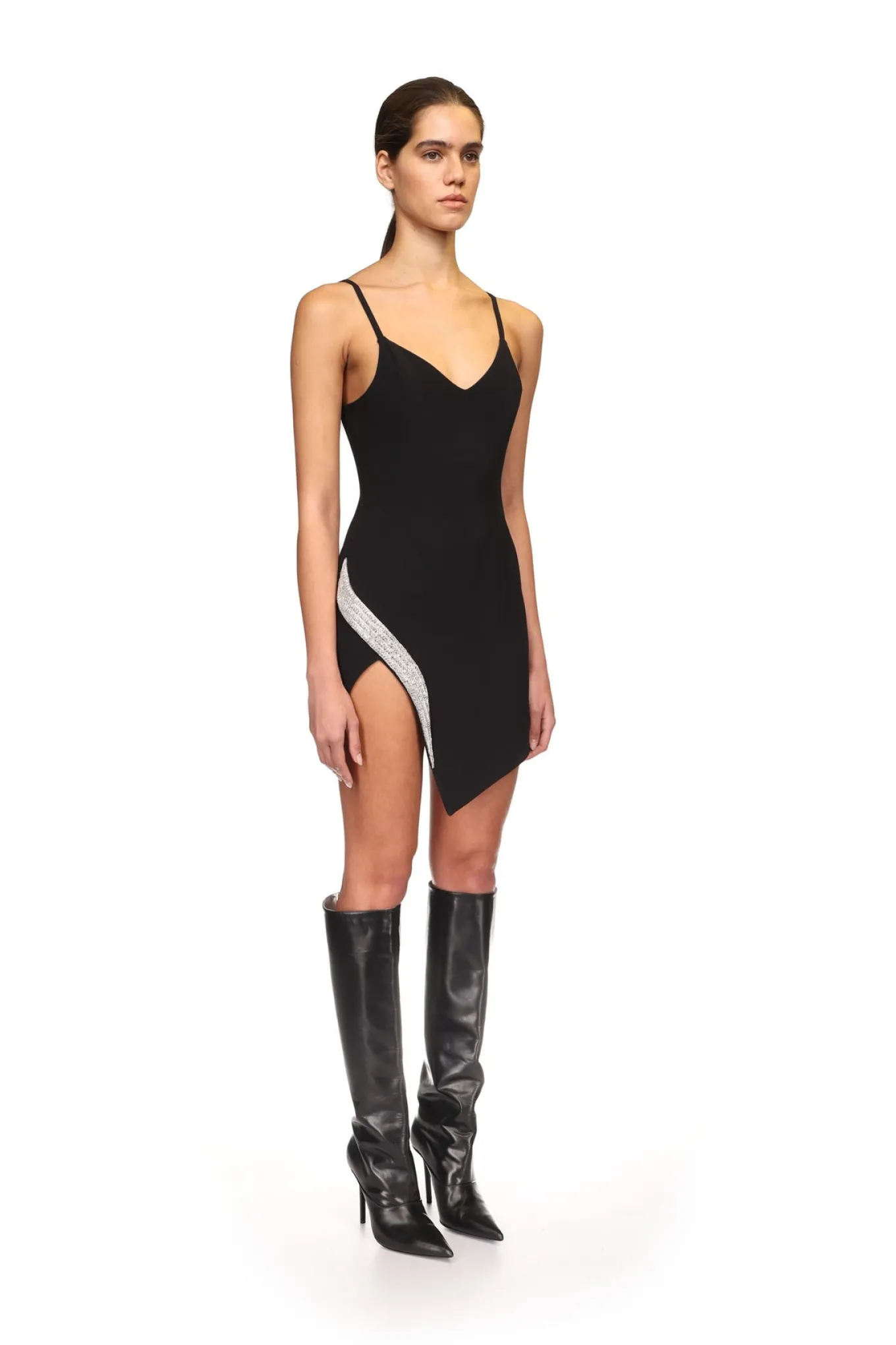 CRYSTAL WING EMBR OPEN LEG MINI DRESS