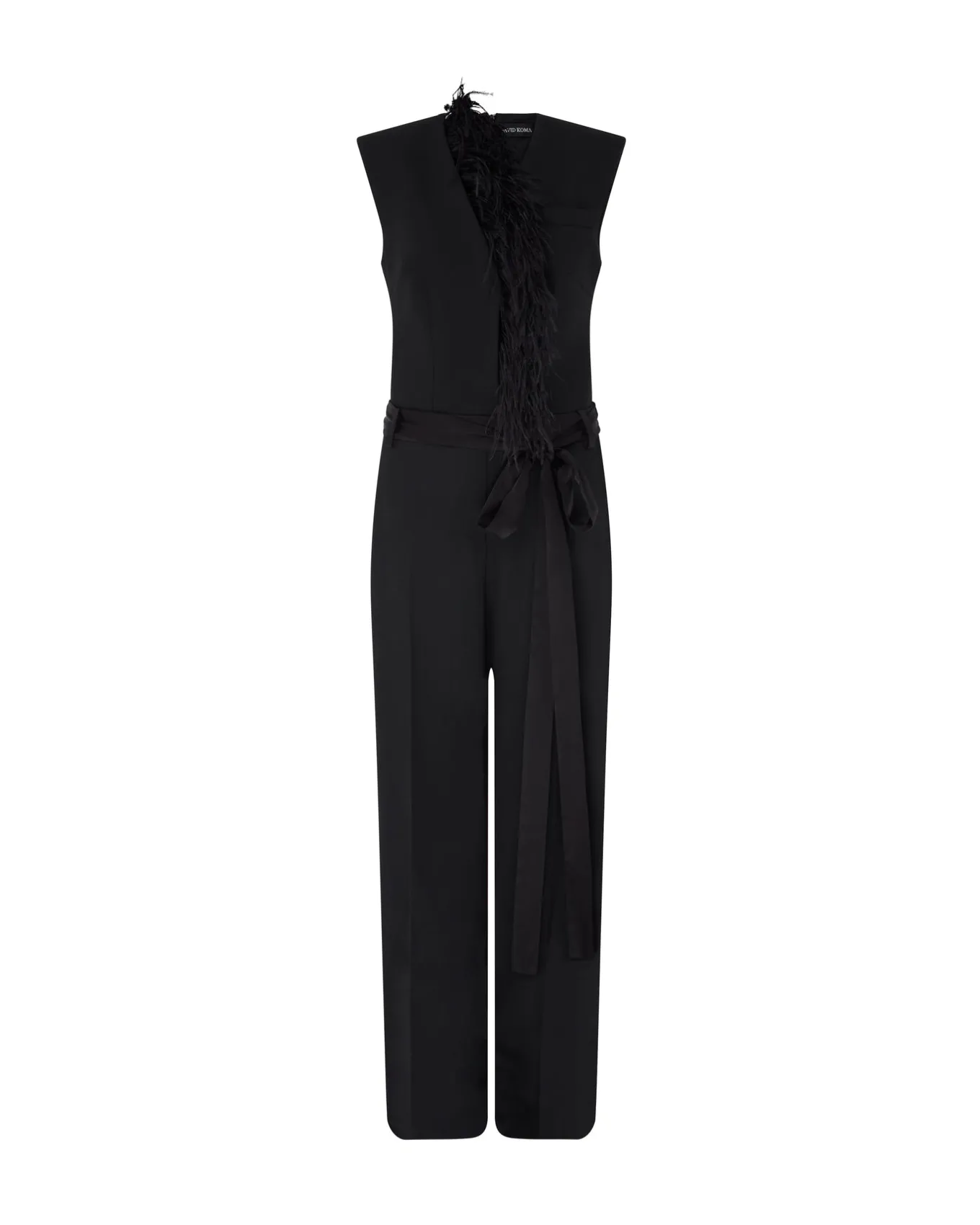 DETACHABLE FEATHER TRIM JUMPSUIT