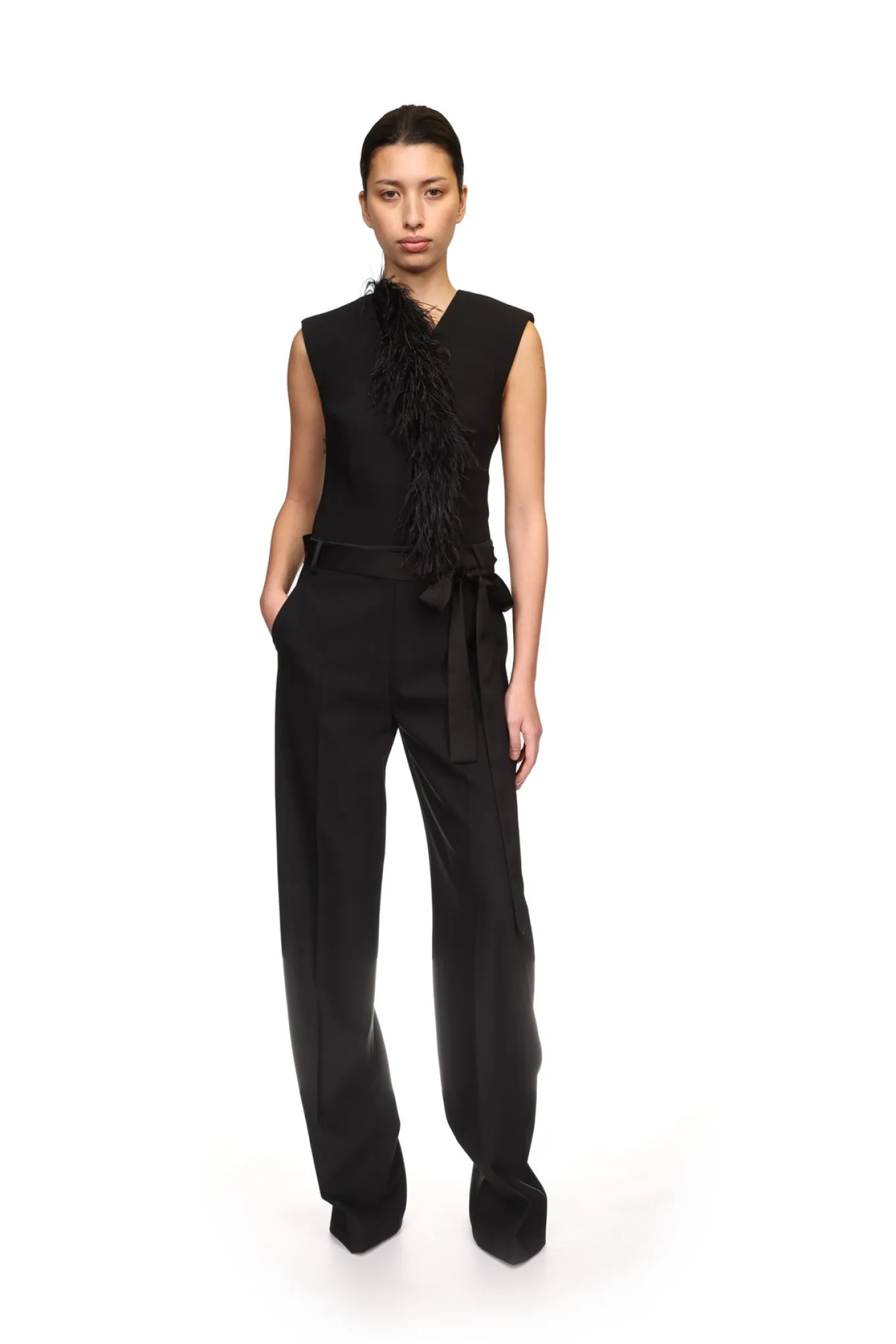 DETACHABLE FEATHER TRIM JUMPSUIT