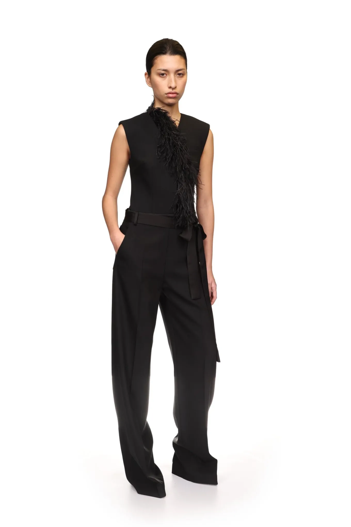 DETACHABLE FEATHER TRIM JUMPSUIT